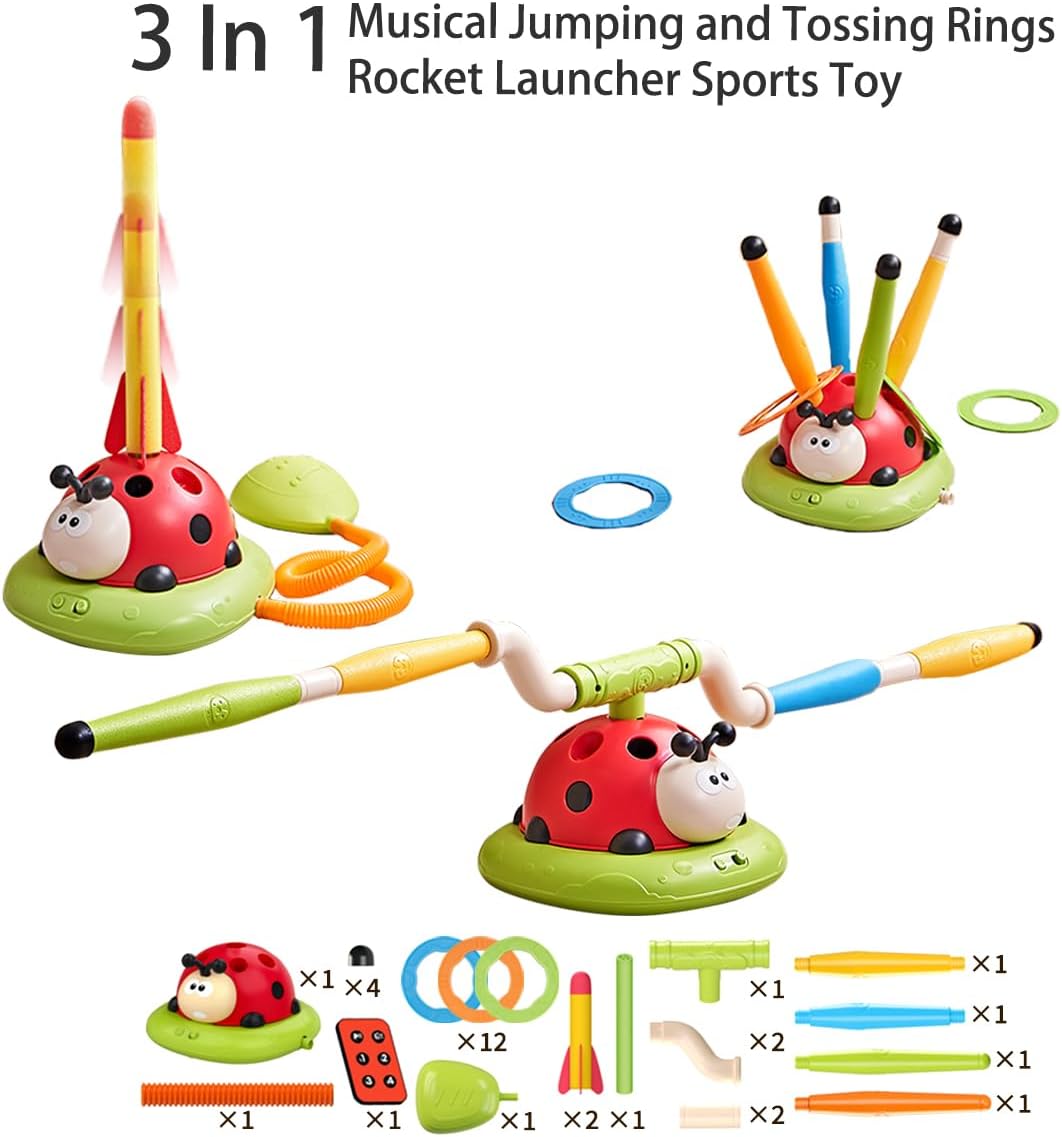 3-in-1 Musical Jump Game, Toss Ring & Rocket Launcher Toy | Indoor & Outdoor Active Game for Kids Ages 4–12 🎵🚀🎯