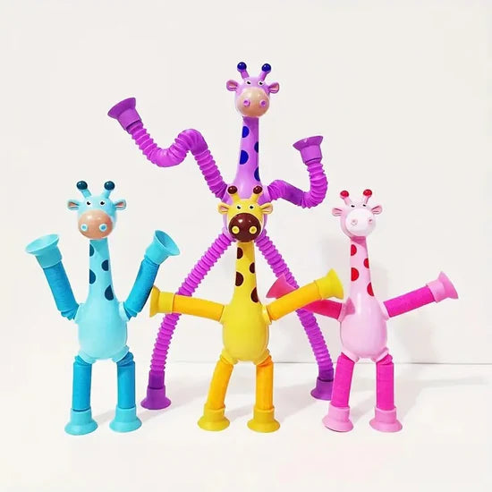 Pop Tube Giraffe Toy (4-Pack) | Stretchy Telescopic Suction Cup Fidget Toy for Kids | Travel & Airplane Essentials 🦒✨
