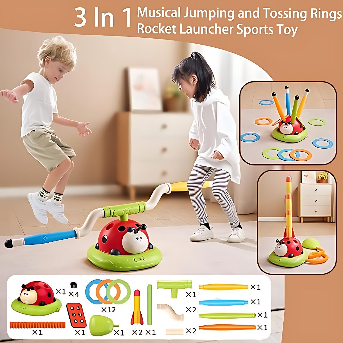 3-in-1 Musical Jump Game, Toss Ring & Rocket Launcher Toy | Indoor & Outdoor Active Game for Kids Ages 4–12 🎵🚀🎯