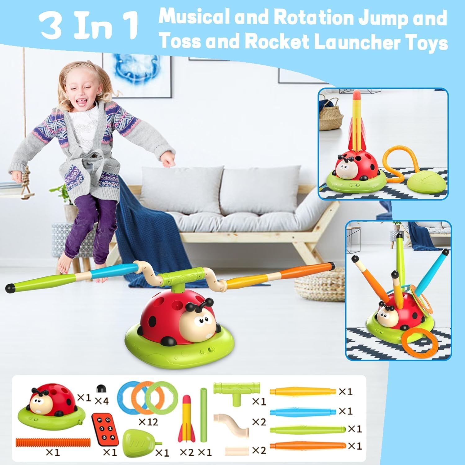 3-in-1 Musical Jump Game, Toss Ring & Rocket Launcher Toy | Indoor & Outdoor Active Game for Kids Ages 4–12 🎵🚀🎯