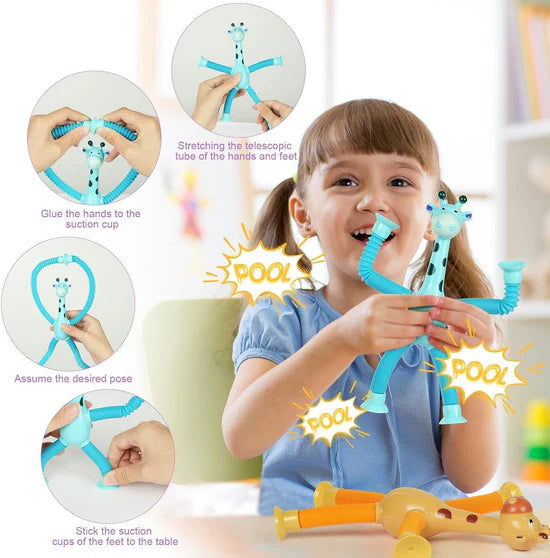 Pop Tube Giraffe Toy (4-Pack) | Stretchy Telescopic Suction Cup Fidget Toy for Kids | Travel & Airplane Essentials 🦒✨