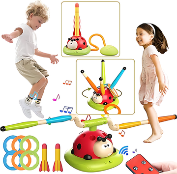 3-in-1 Musical Jump Game, Toss Ring & Rocket Launcher Toy | Indoor & Outdoor Active Game for Kids Ages 4–12 🎵🚀🎯