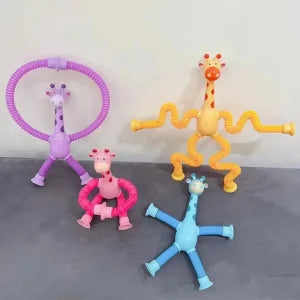 Pop Tube Giraffe Toy (4-Pack) | Stretchy Telescopic Suction Cup Fidget Toy for Kids | Travel & Airplane Essentials 🦒✨