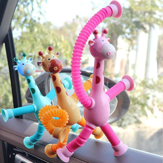Pop Tube Giraffe Toy (4-Pack) | Stretchy Telescopic Suction Cup Fidget Toy for Kids | Travel & Airplane Essentials 🦒✨