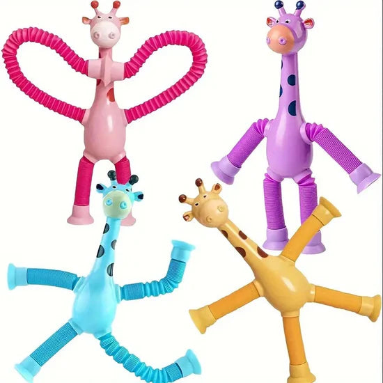 Pop Tube Giraffe Toy (4-Pack) | Stretchy Telescopic Suction Cup Fidget Toy for Kids | Travel & Airplane Essentials 🦒✨